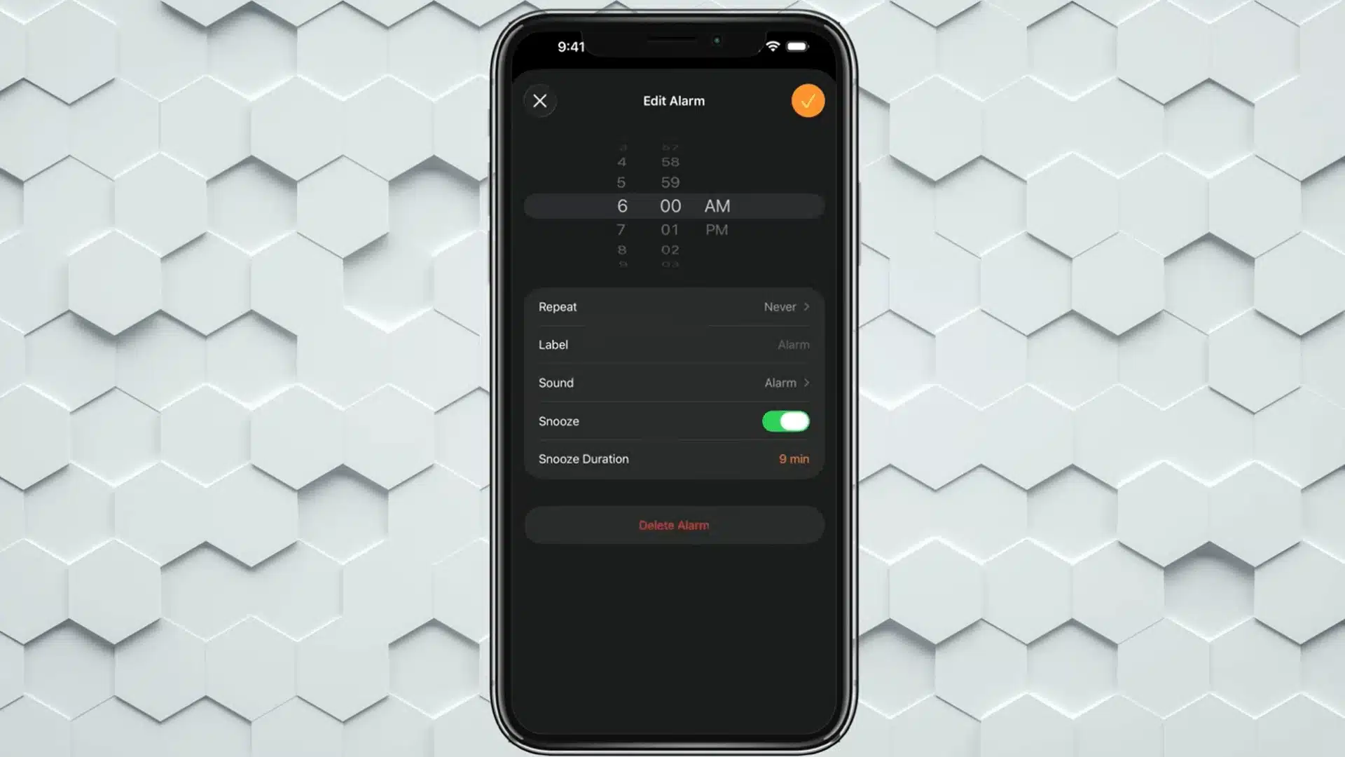 iPhone Alarm editing screen showing alarm time, sound, snooze, and repeat options.