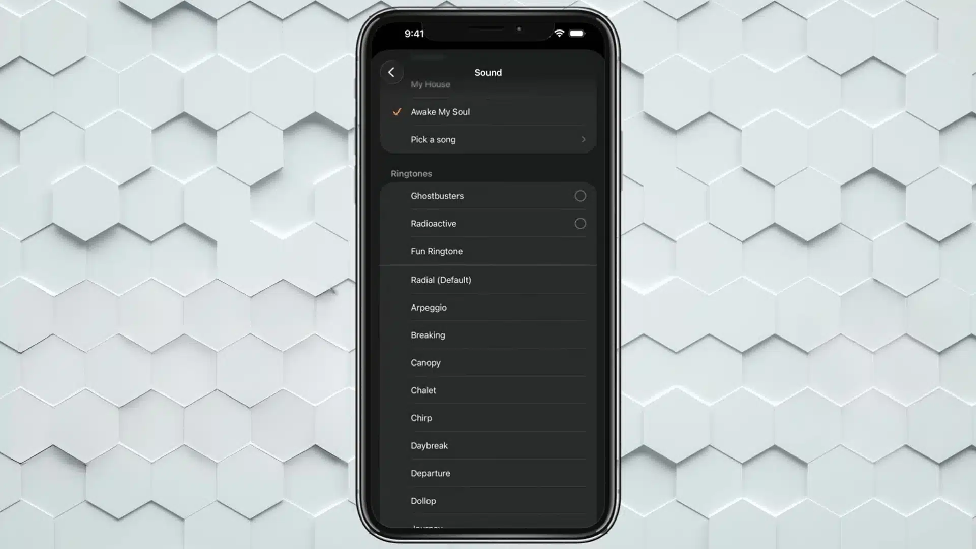 iPhone alarm sound selection screen showing ringtone and song choices.