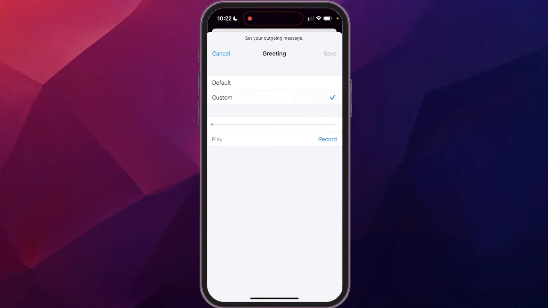 iPhone voicemail greeting settings showing Custom selected with recording option