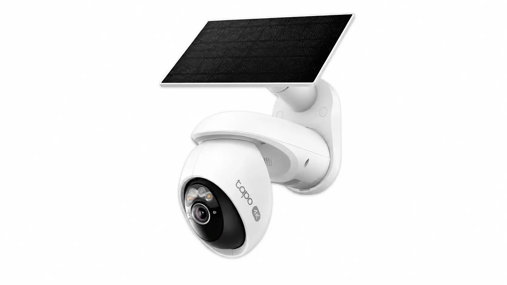 tapo 4K solar security camera with white body and attached solar panel