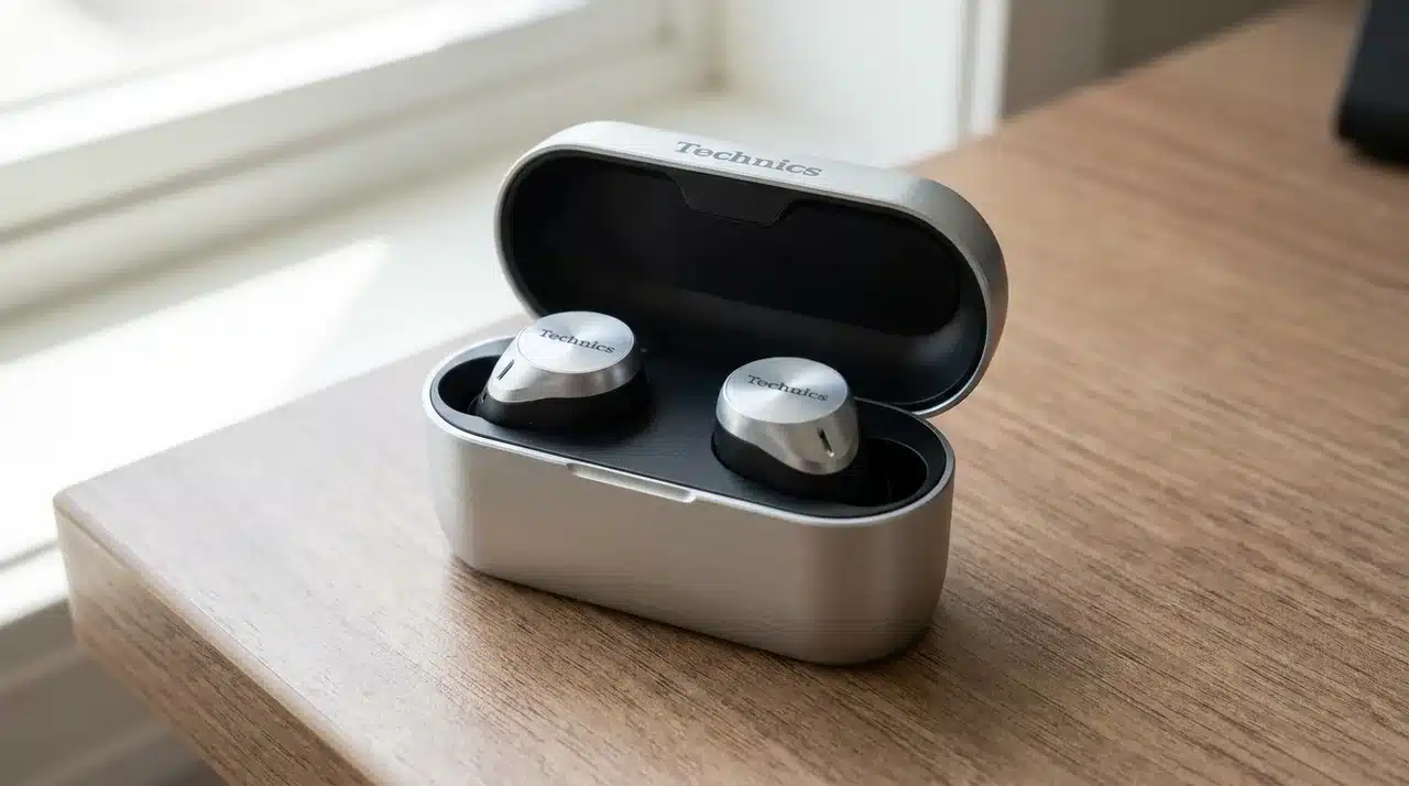Technics EAH-AZ100 wireless earbuds resting inside an open silver charging case on a wooden table.