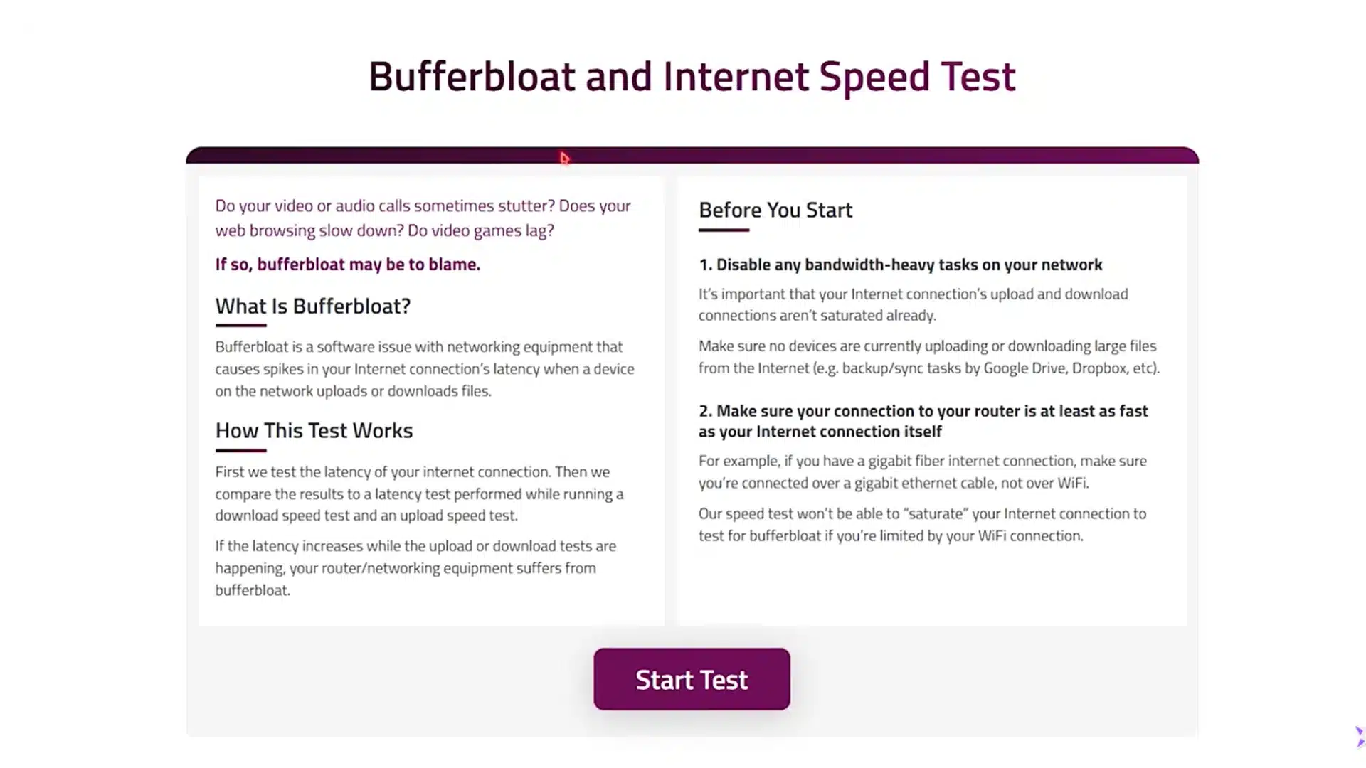 Bufferbloat internet speed test page showing setup instructions before running the test