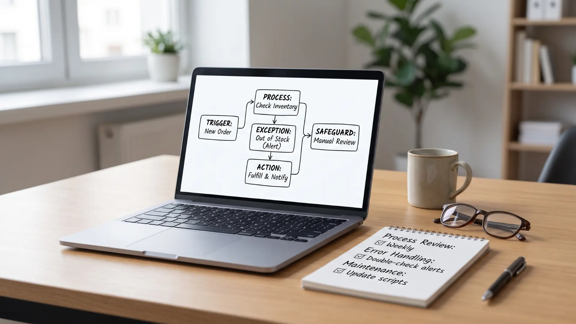Small business automation workflow review with error checks and process planning notes.