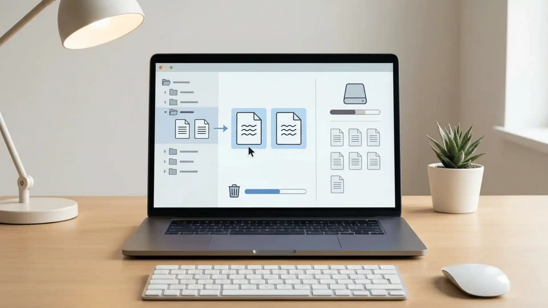 Laptop showing organized digital folders with files being sorted on a desk