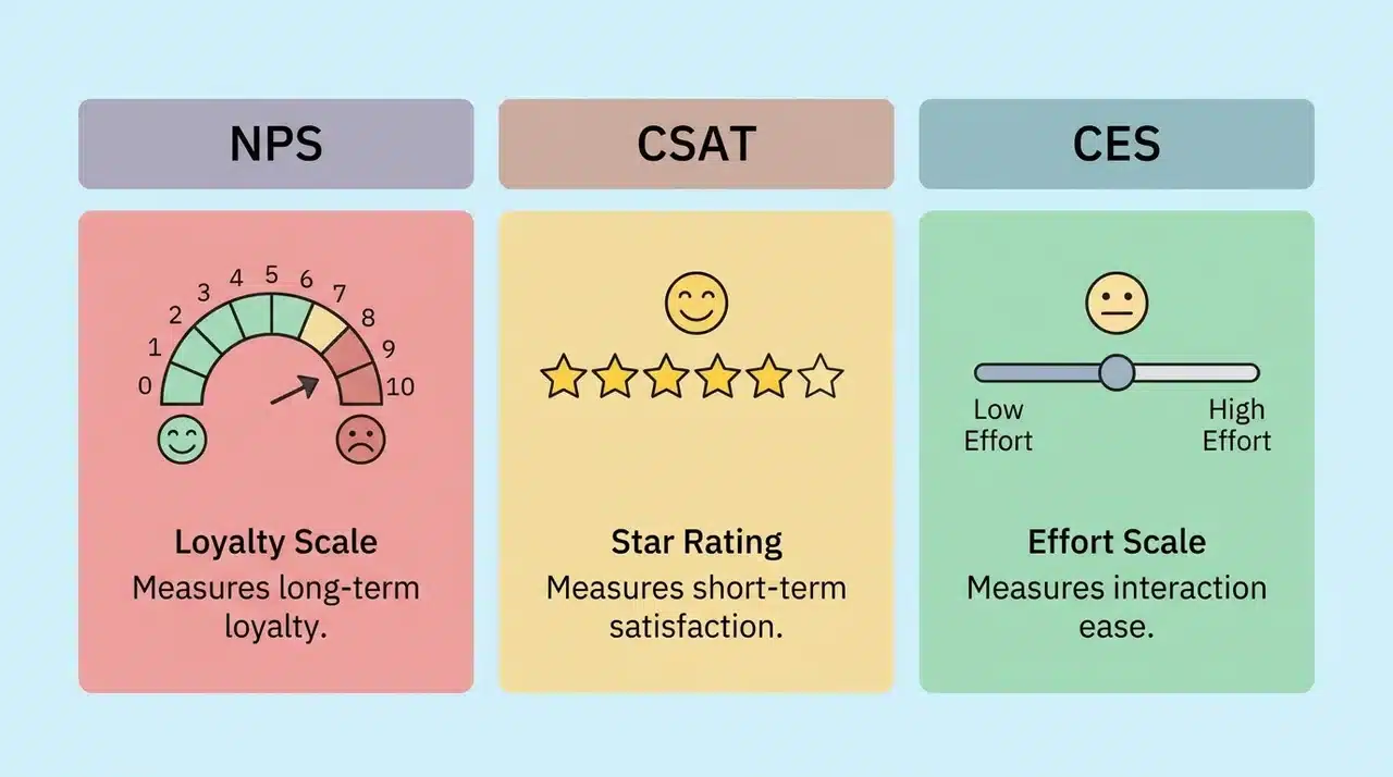 Three-column diagram comparing NPS, CSAT, and CES with icons for each