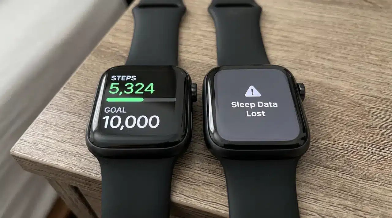 Two Apple Watches side by side, one showing step count and one showing a sleep data lost warning.