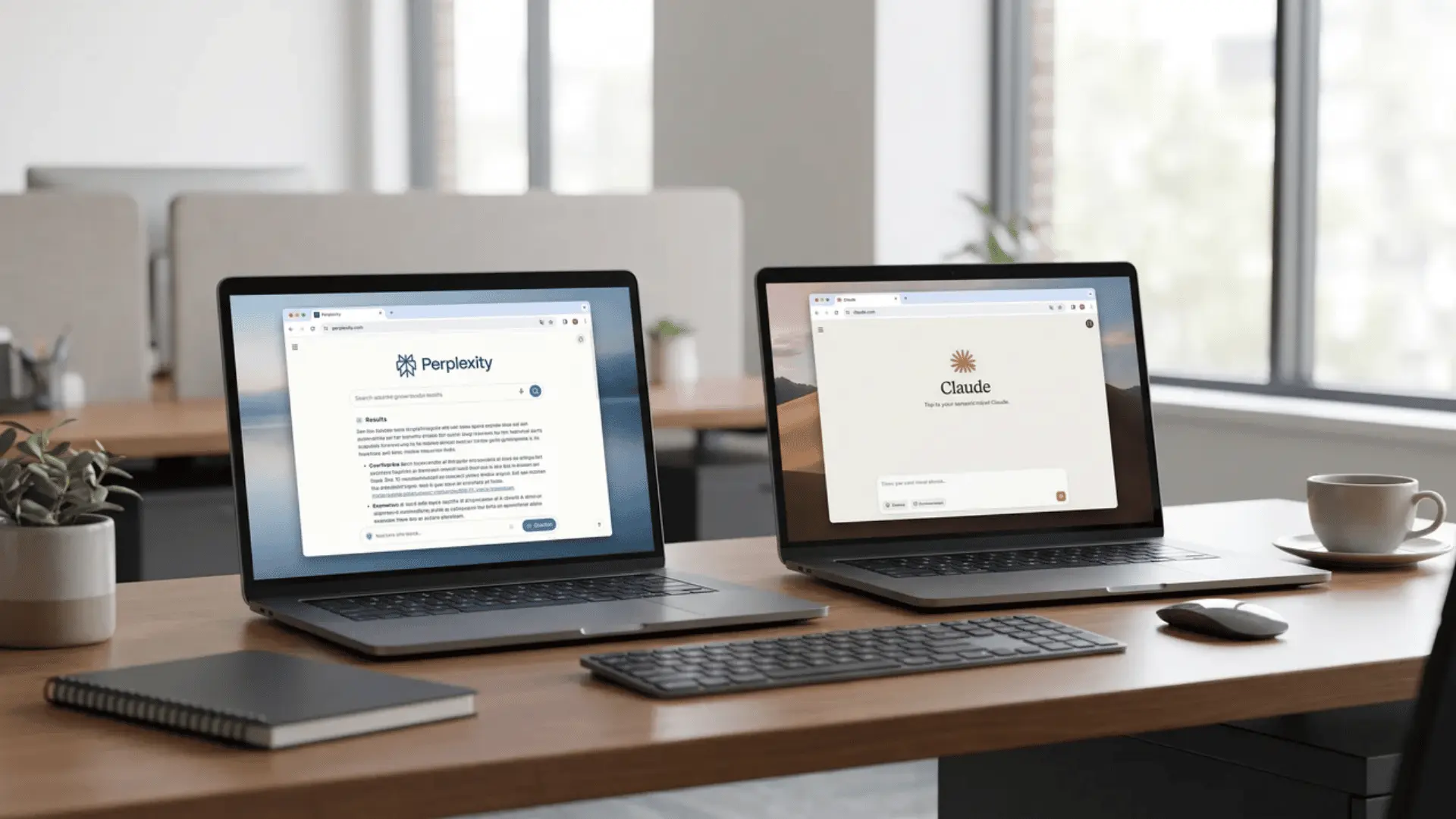 Two laptops displaying Perplexity and Claude in a simple corporate workspace