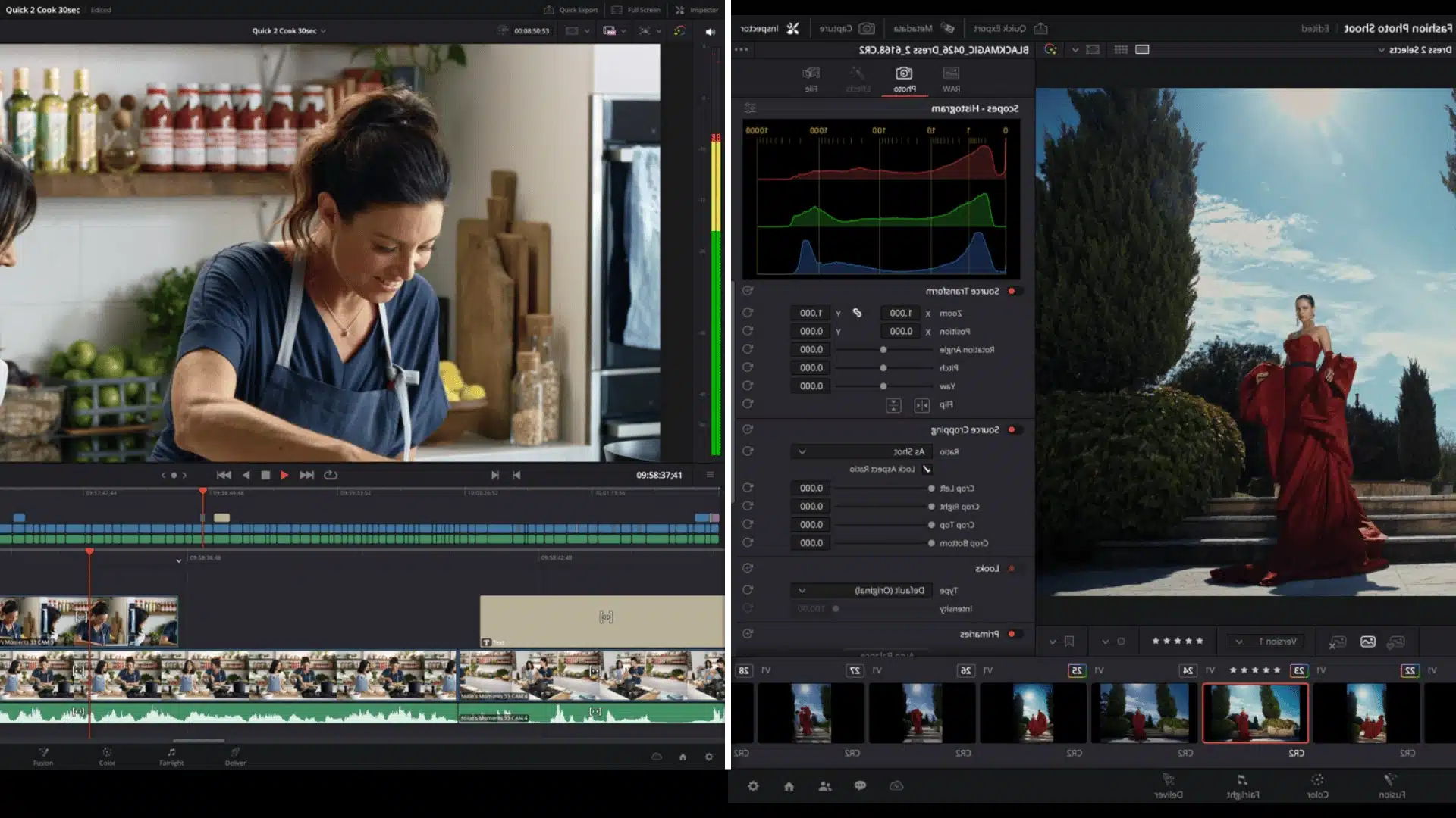 Two video editing software layouts shown for comparison.