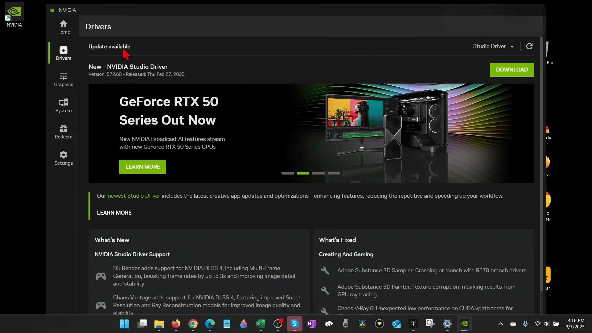 NVIDIA app Drivers section showing an available graphics driver update.