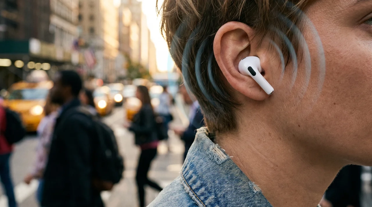 Person wearing AirPods Pro outdoors with ANC actively cancelling street noise