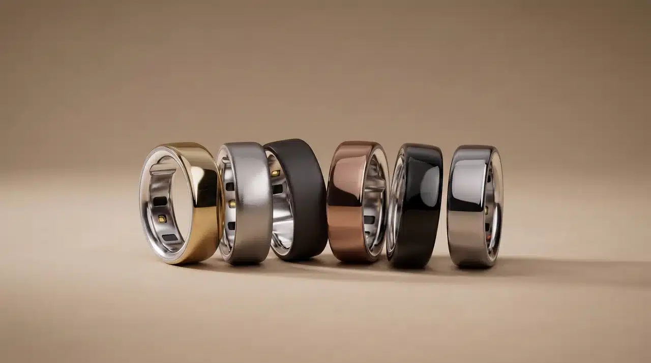 Row of Oura Ring finishes lined up showing gold, silver, black, and rose gold options