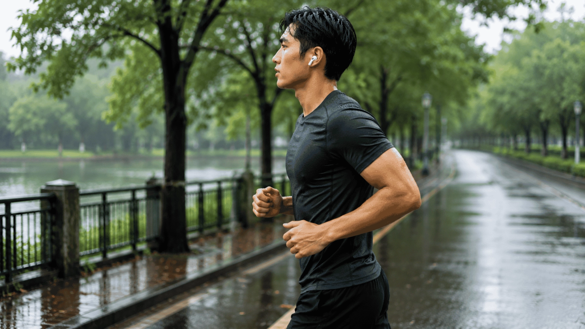 Person wearing AirPods Pro with light water droplets on the earbuds outdoors.