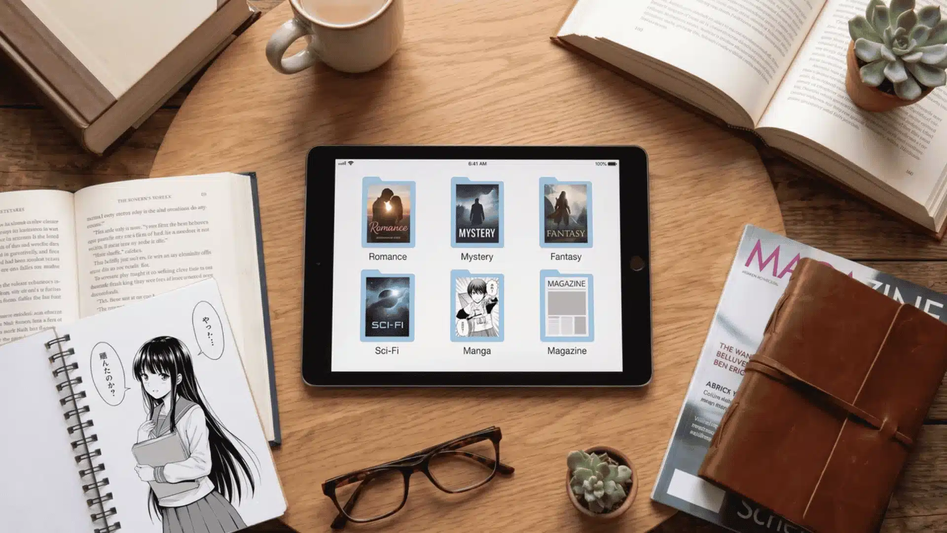 Tablet displaying ebook categories beside books, magazines, and reading accessories.
