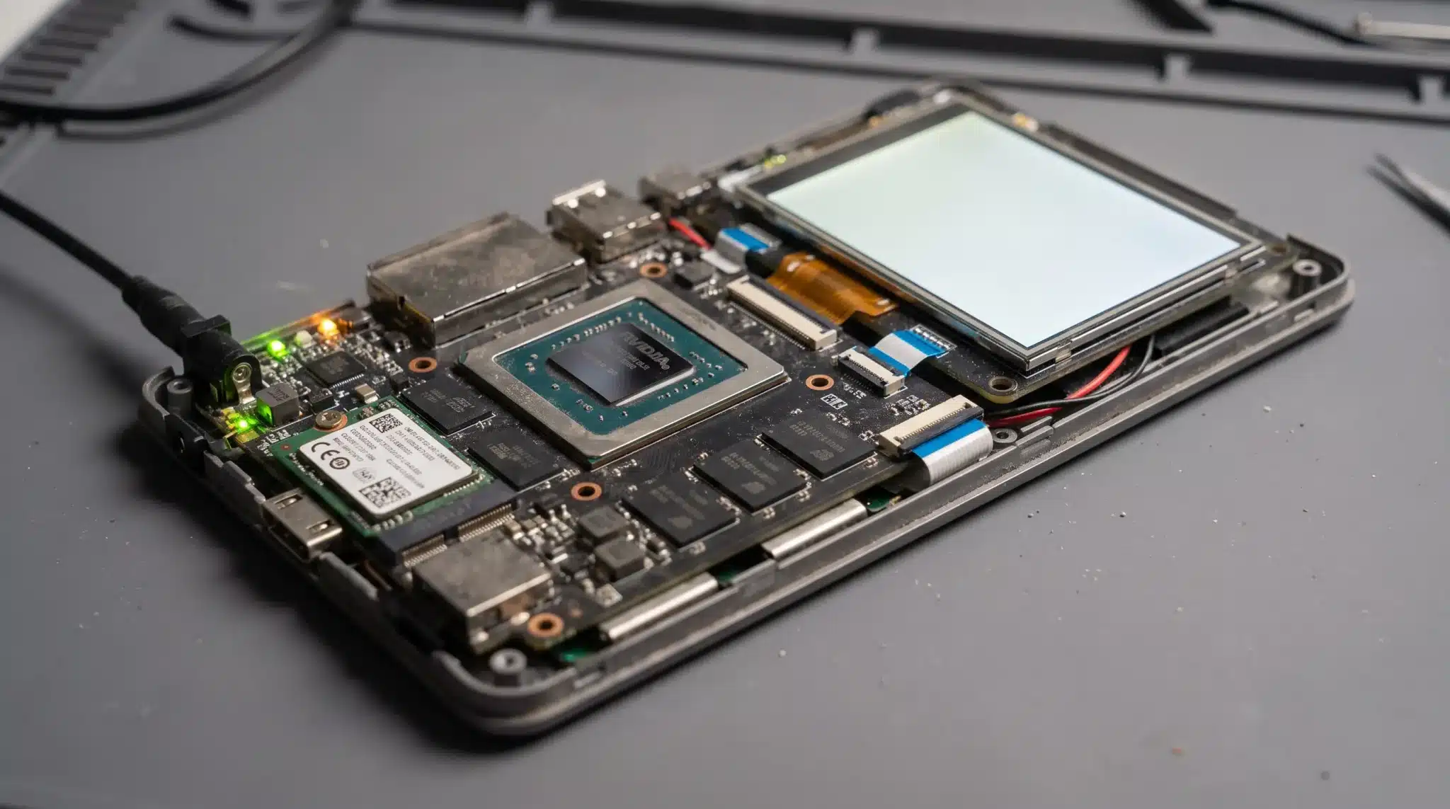 Open electronic device with visible internal components running its bootloader during startup.