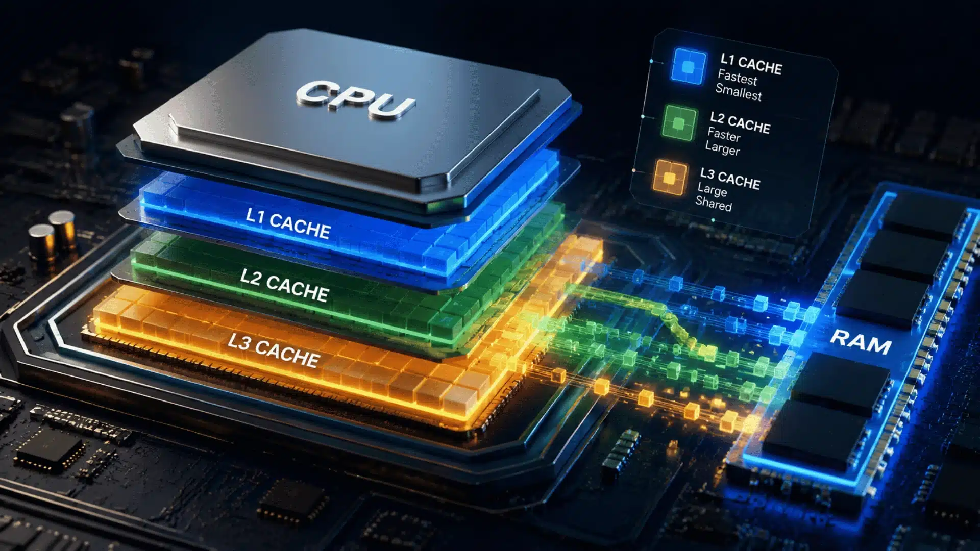 CPU with layered L1, L2, and L3 cache blocks connected to RAM on a motherboard
