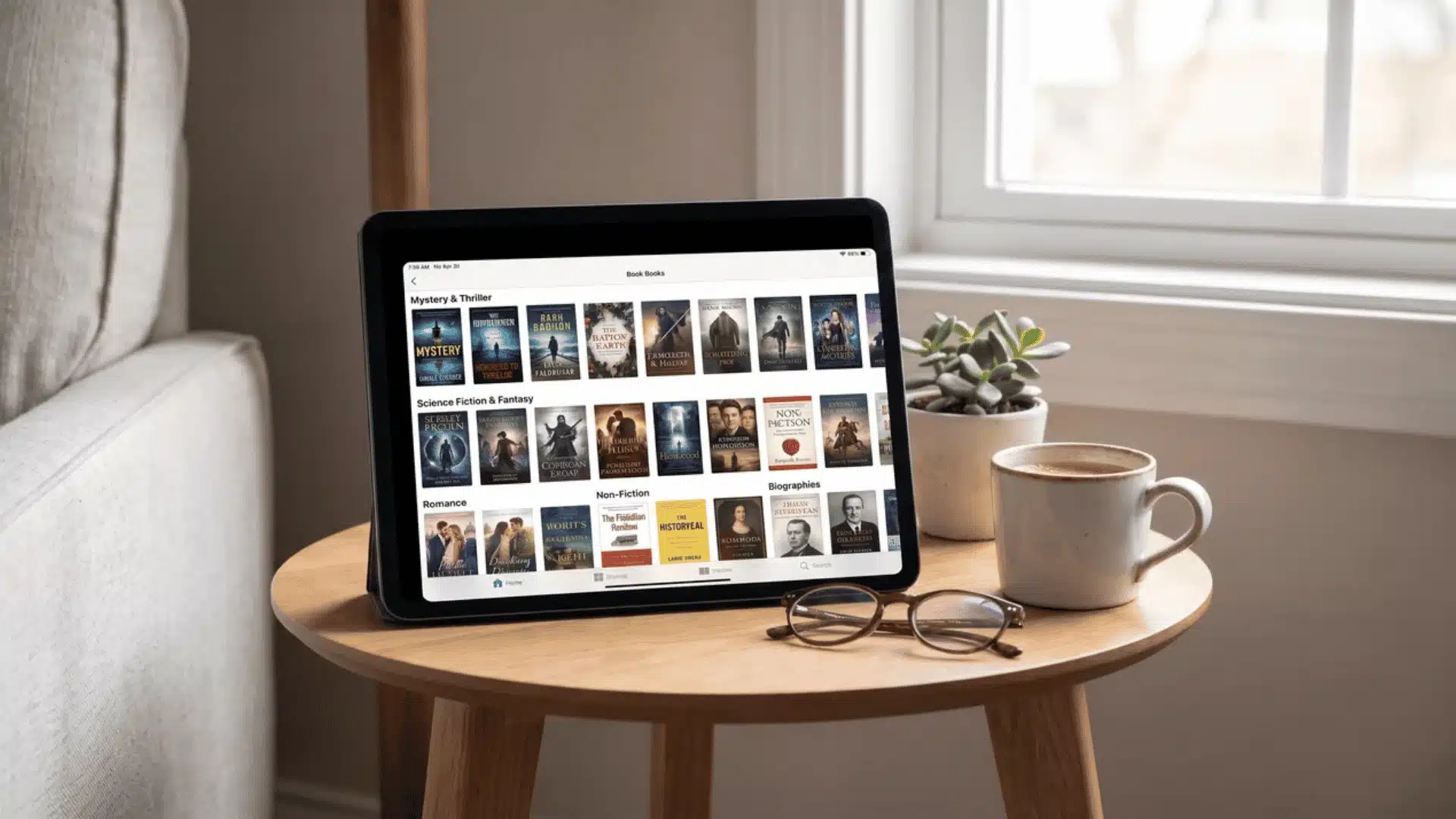 Tablet displaying a digital ebook library with categorized book collections on a table.