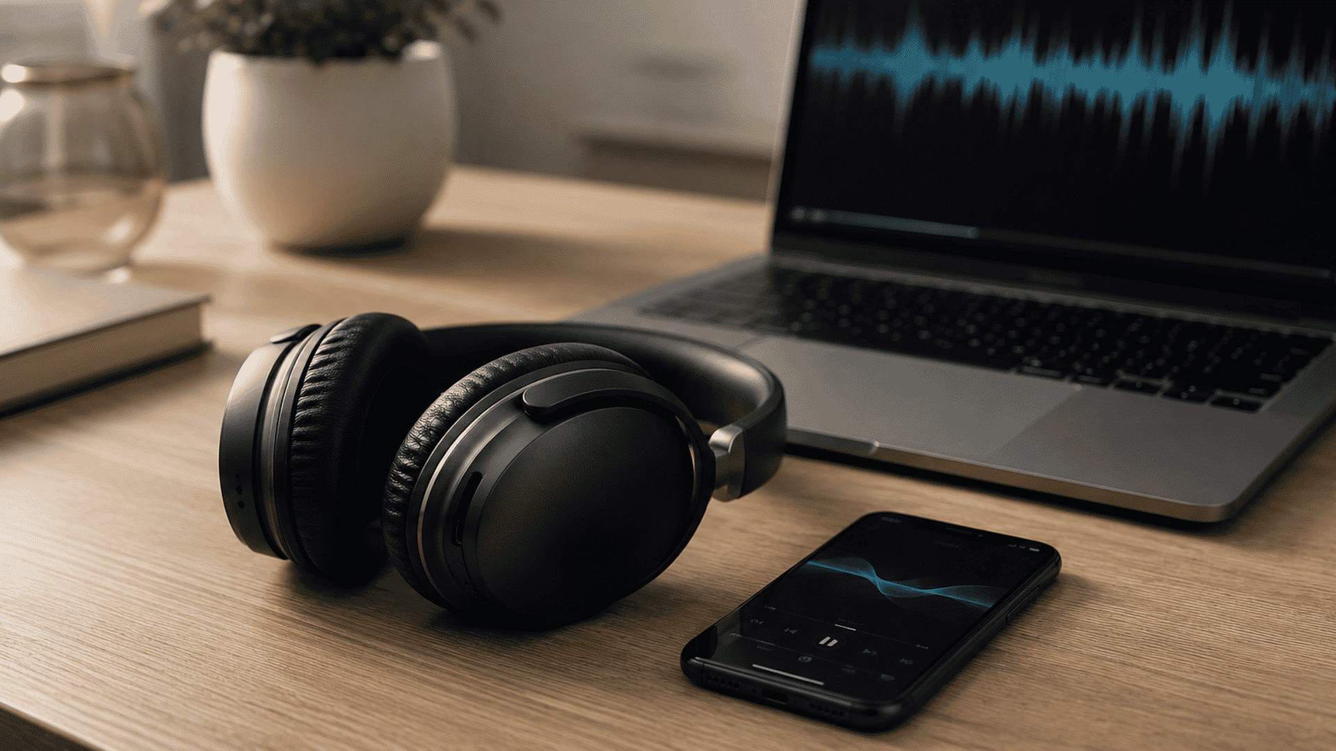 Black wireless headphones, smartphone, and laptop displaying audio waveforms resting on a wooden desk next to a potted plant.