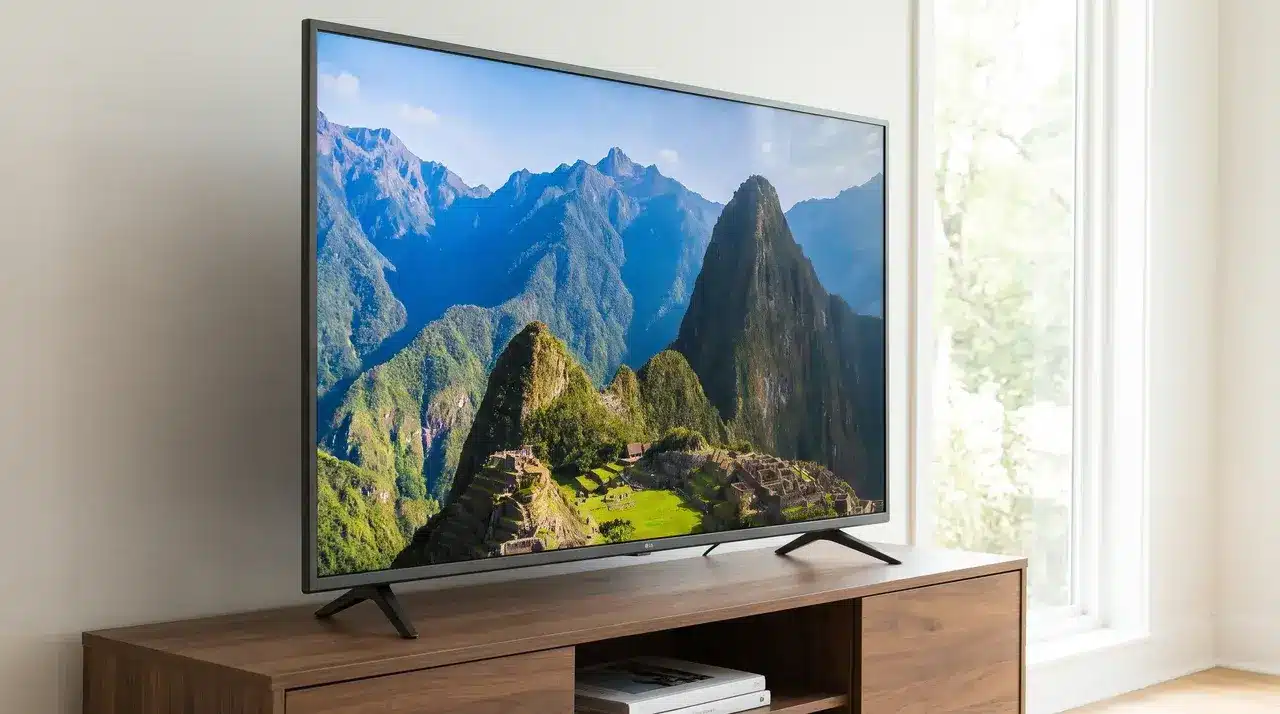 Flat-panel LED-backlit LCD television on a stand
