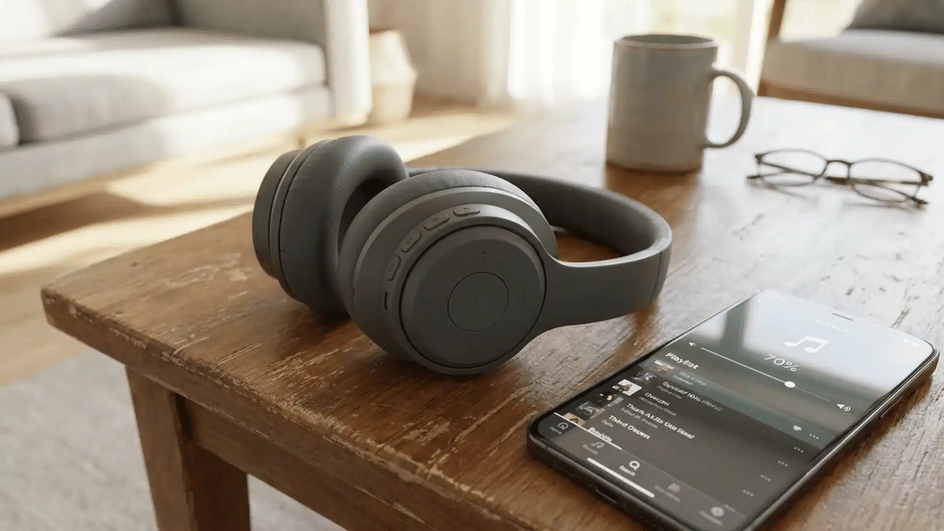 Wireless headphones and smartphone showing everyday listening setup