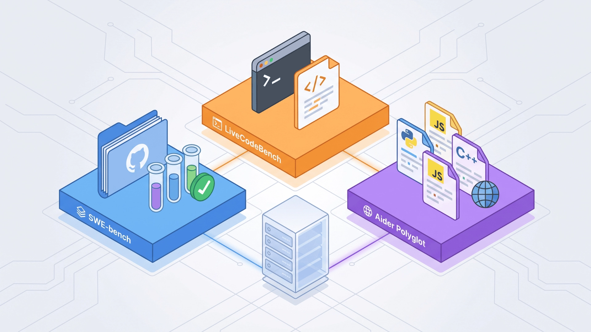 Illustration of coding benchmarks with repositories, tests, and multiple code files
