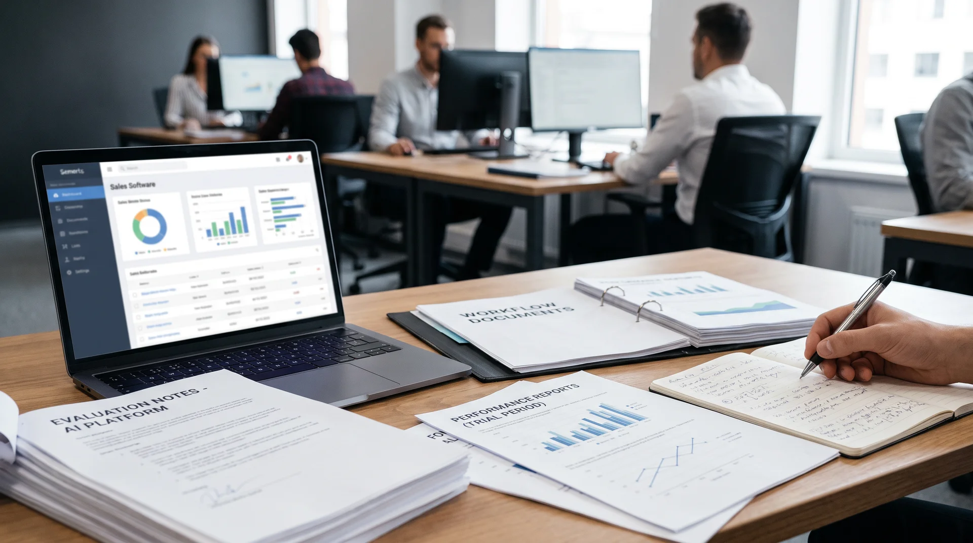 Sales technology evaluation with an AI platform, workflow notes, and performance reports being reviewed.