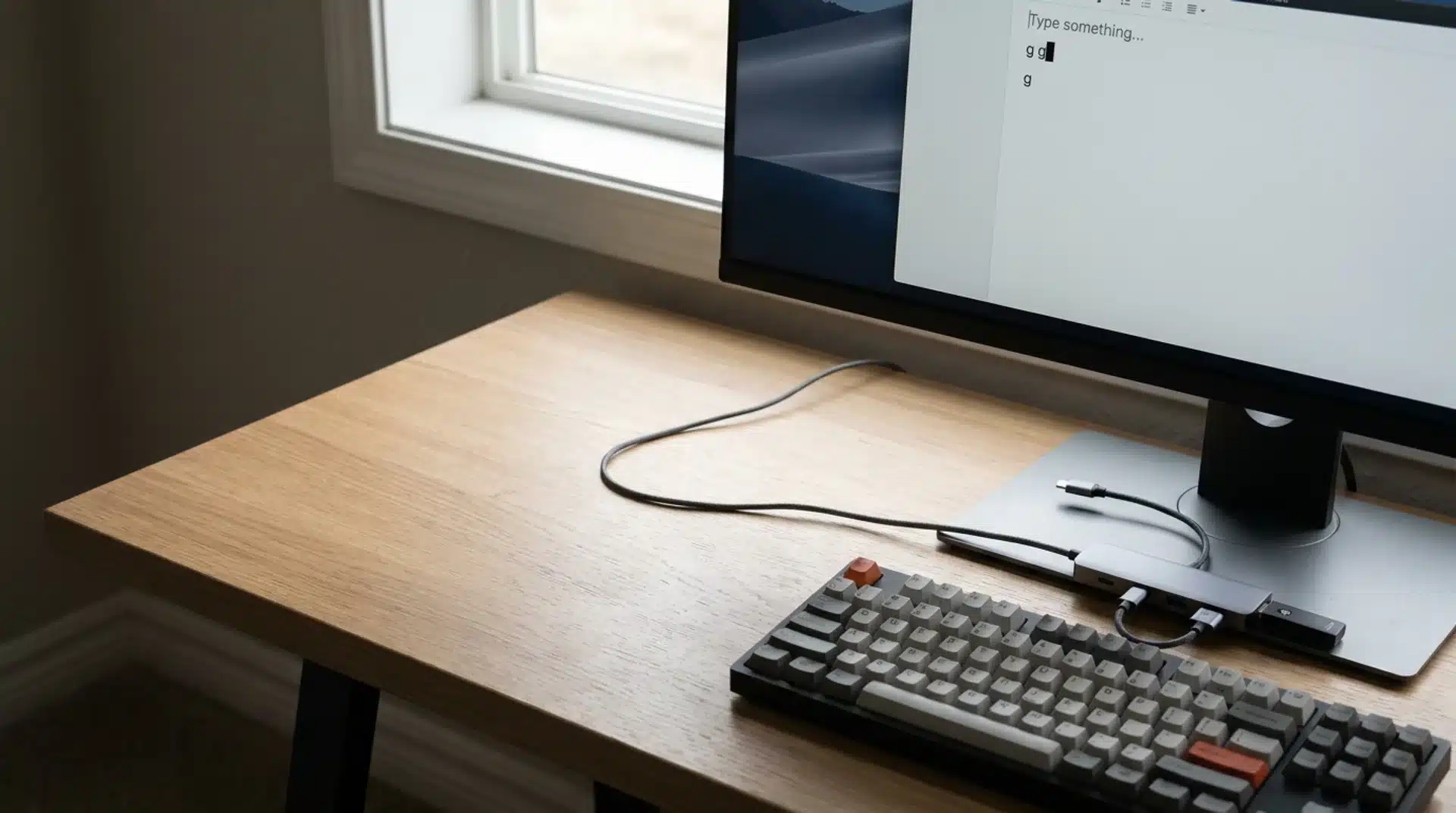 Realistic computer keyboard with delayed input shown on a monitor, with USB and wireless connection elements nearby.
