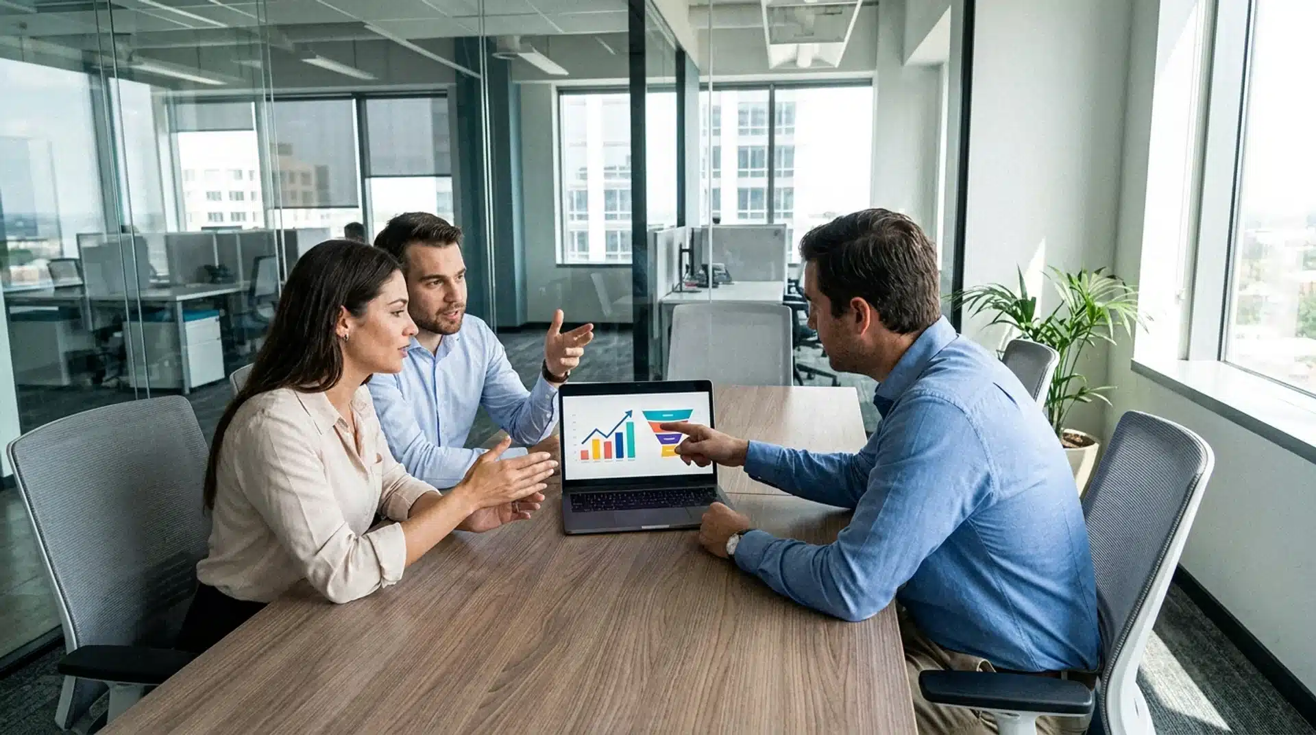 Three business professionals reviewing sales strategy in a modern B2B office with a focus on pipeline growth.