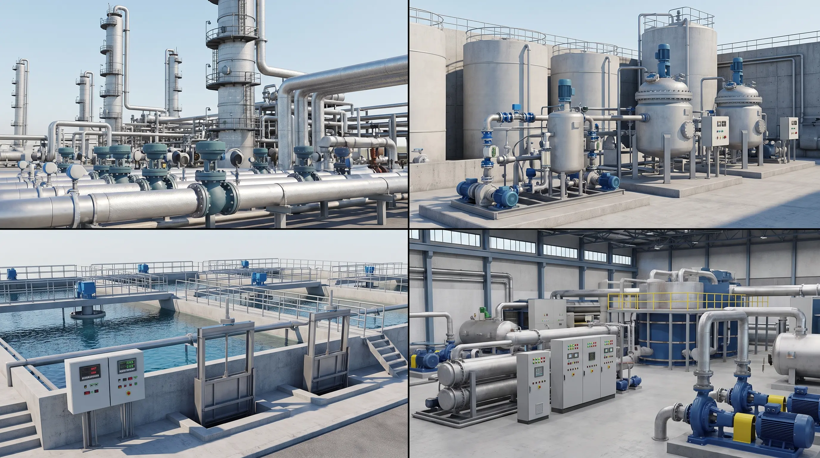 Collage of automated oil, chemical, water treatment, and power generation facilities.