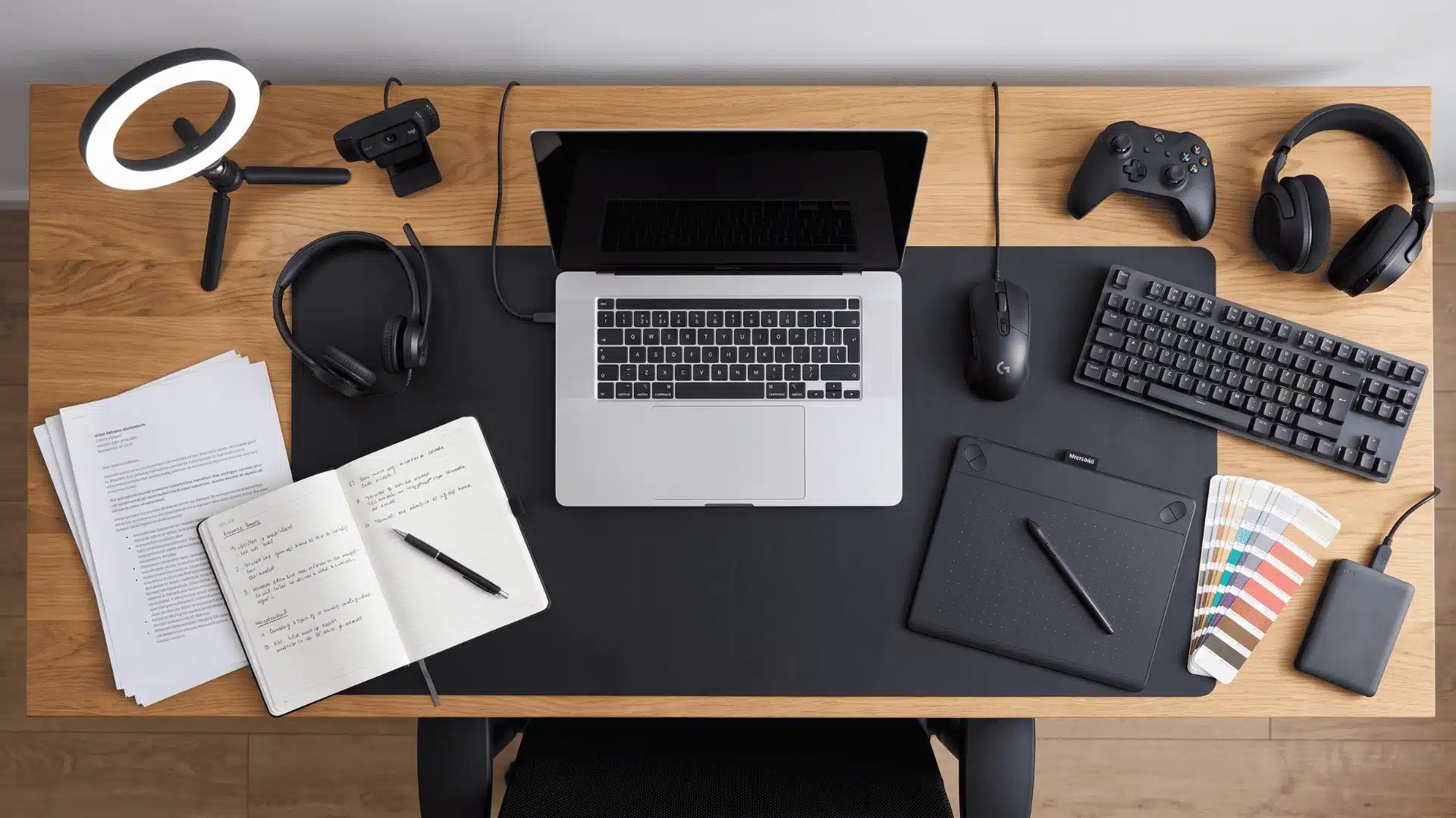 Laptop workspace with accessories for work, gaming, and editing