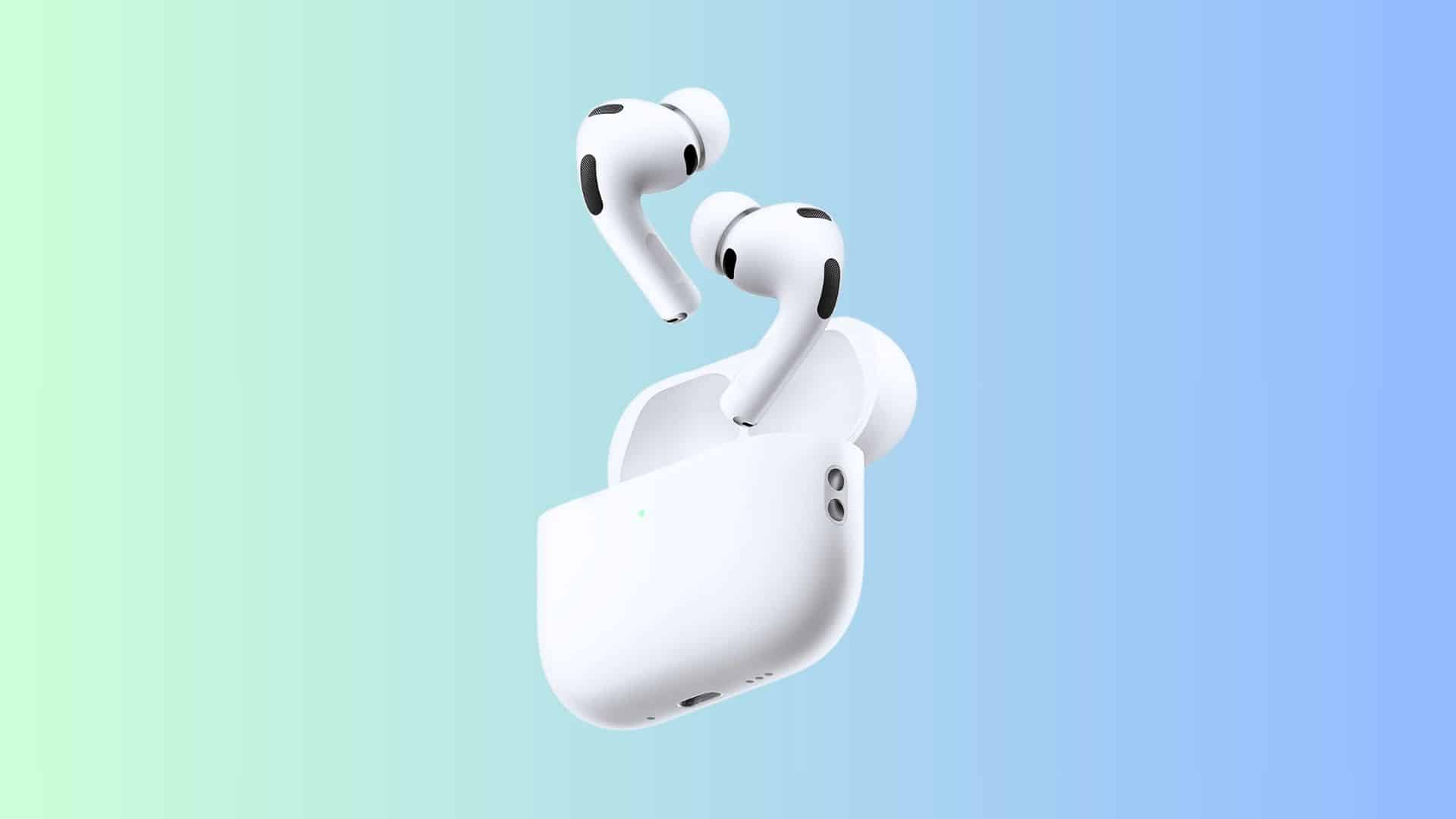 White wireless translation earbuds positioned above an open charging case on a soft blue-green gradient background.