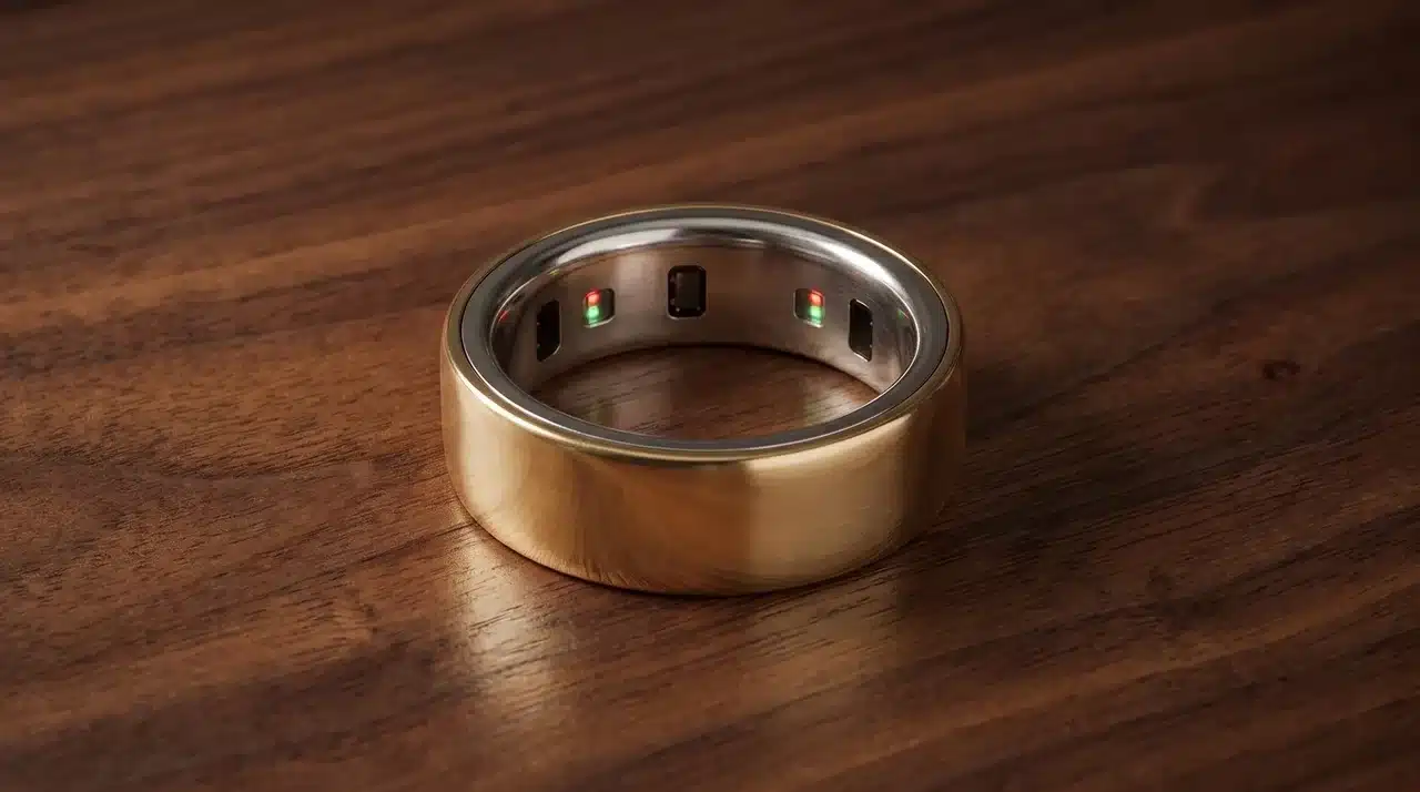 Gold smart ring with illuminated health sensors resting on a wooden surface.