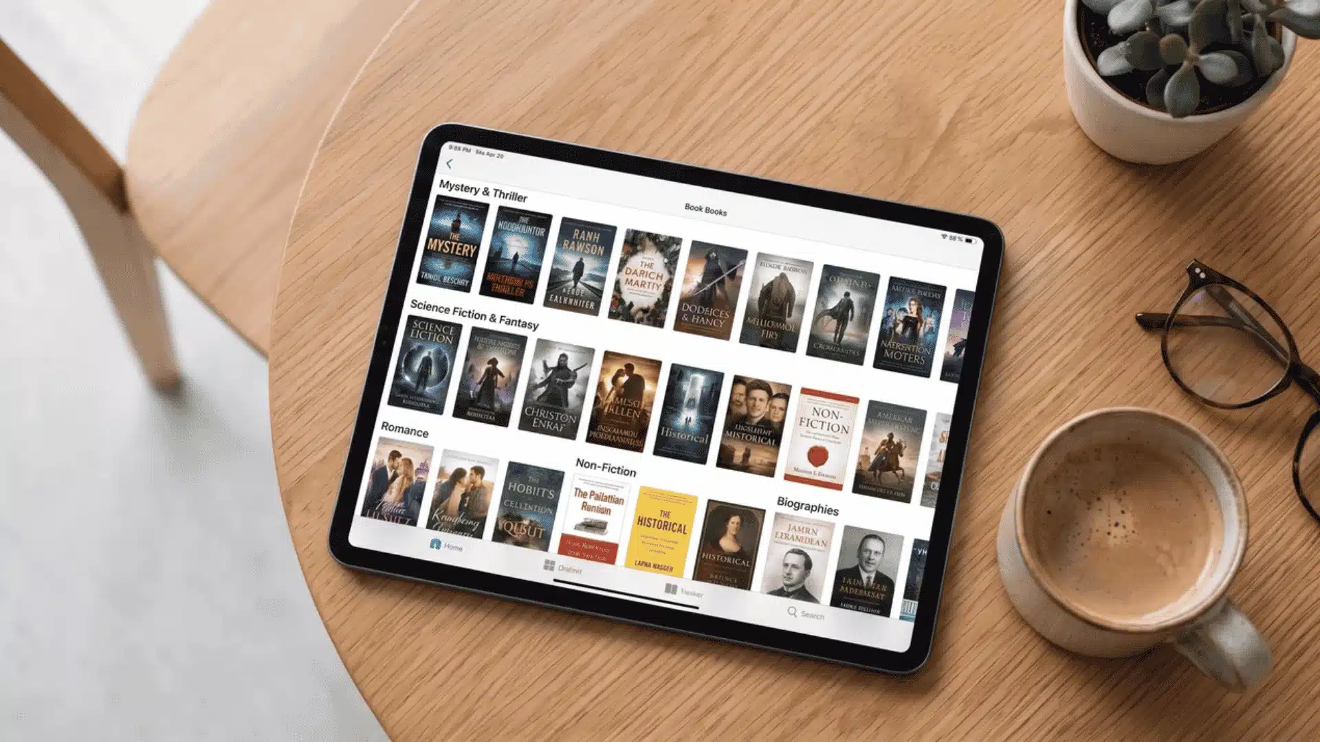 Tablet displaying multiple ebook genres including mystery, fantasy, and nonfiction books.