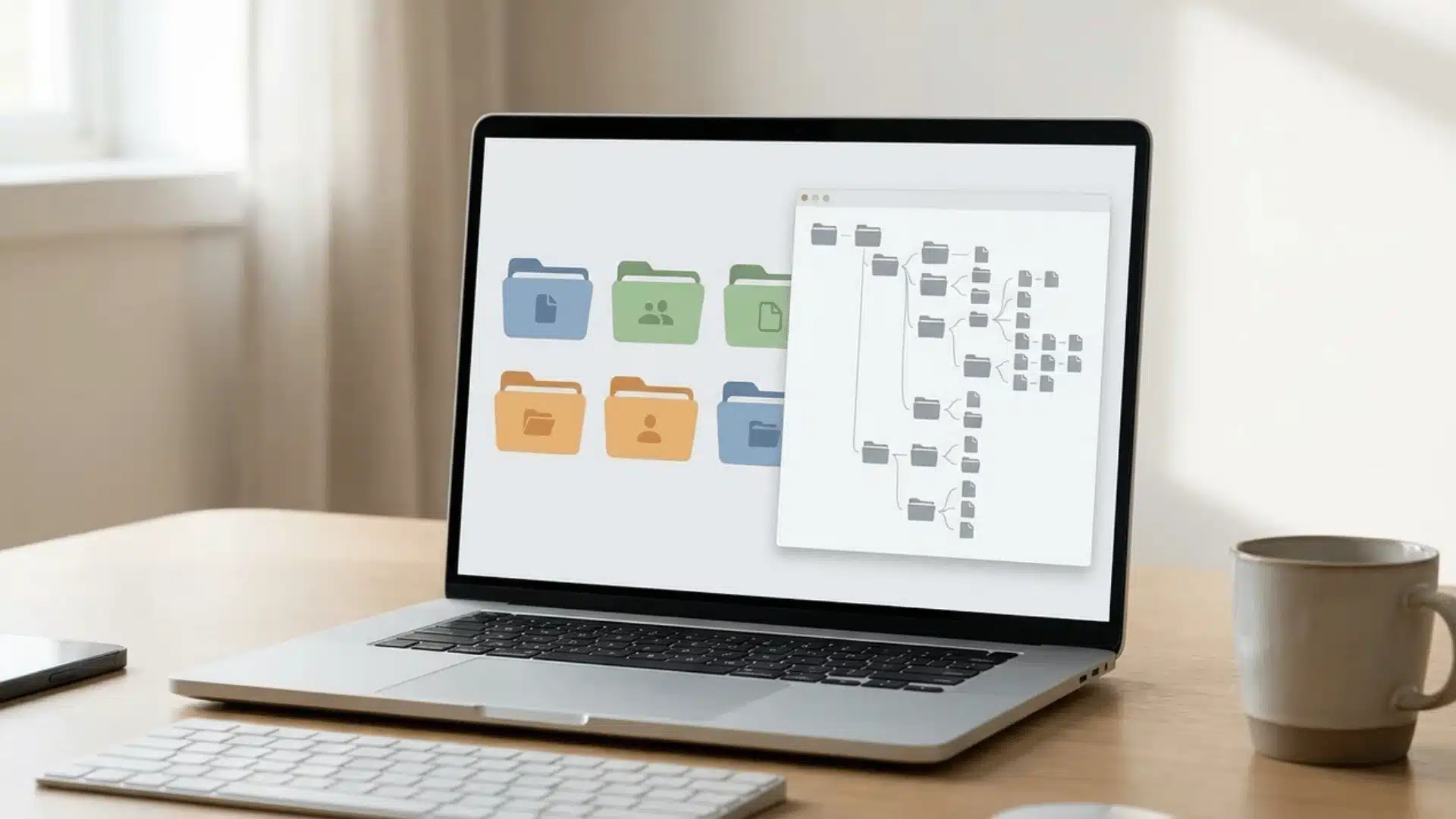 Laptop showing simple folder groups and nested digital folders for organization