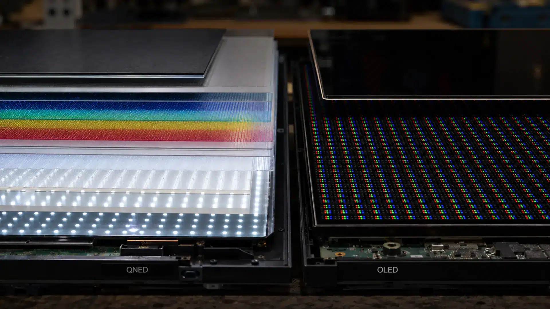 Close-up photo comparing exposed LED backlight layers with a self-lit OLED panel structure