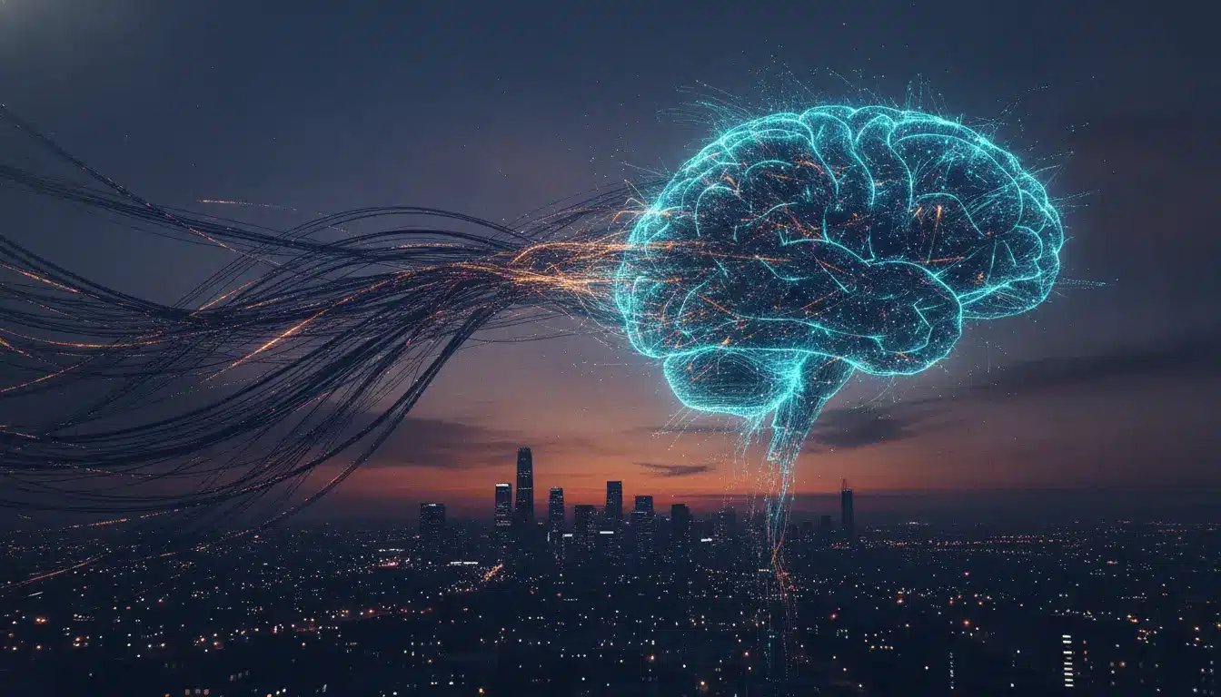 Neon digital brain with data streams in futuristic cityscape at dusk