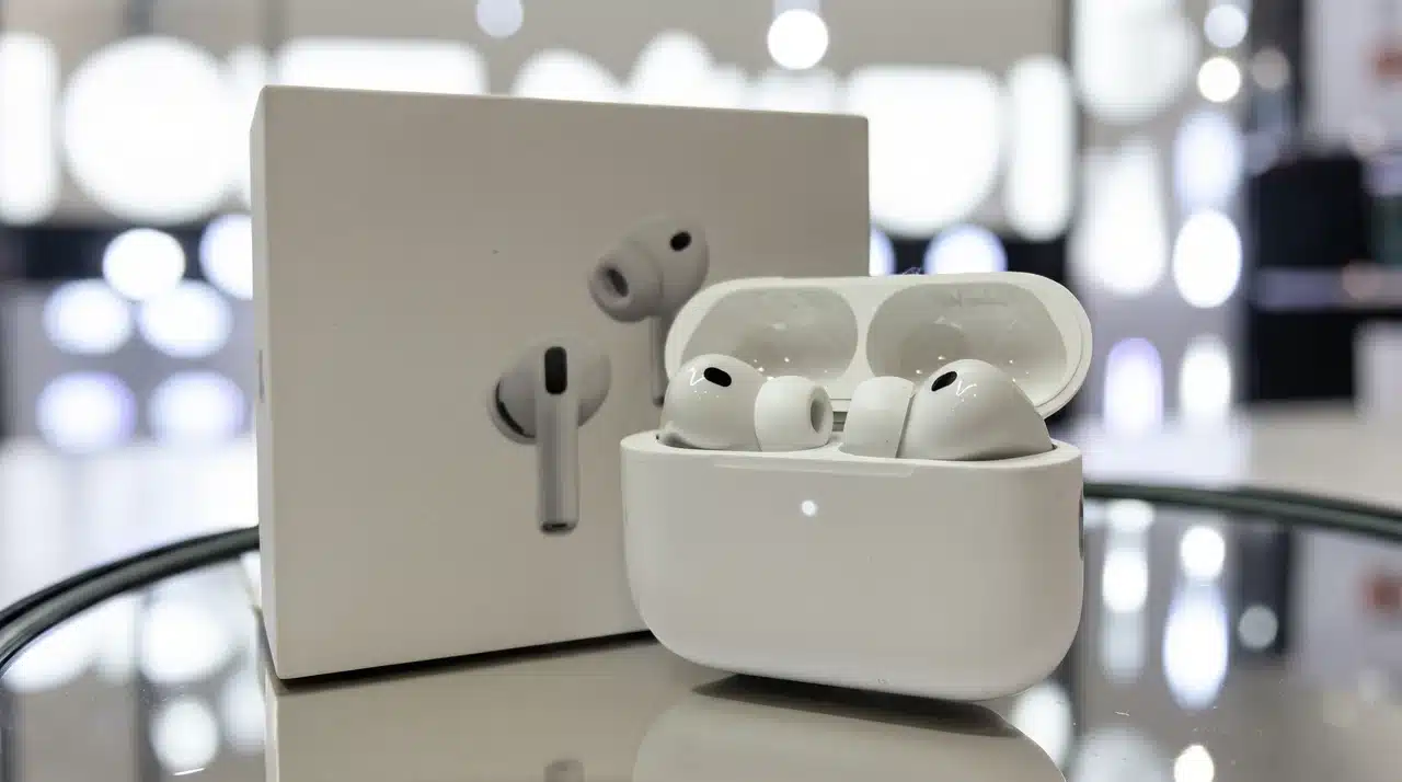 AirPods Pro earbuds and charging case displayed beside retail packaging box on glass table
