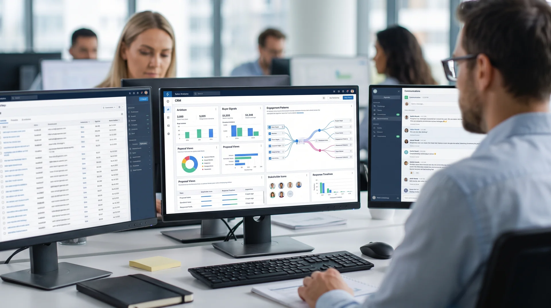 Sales workspace showing AI analyzing CRM activity data and buyer engagement signals