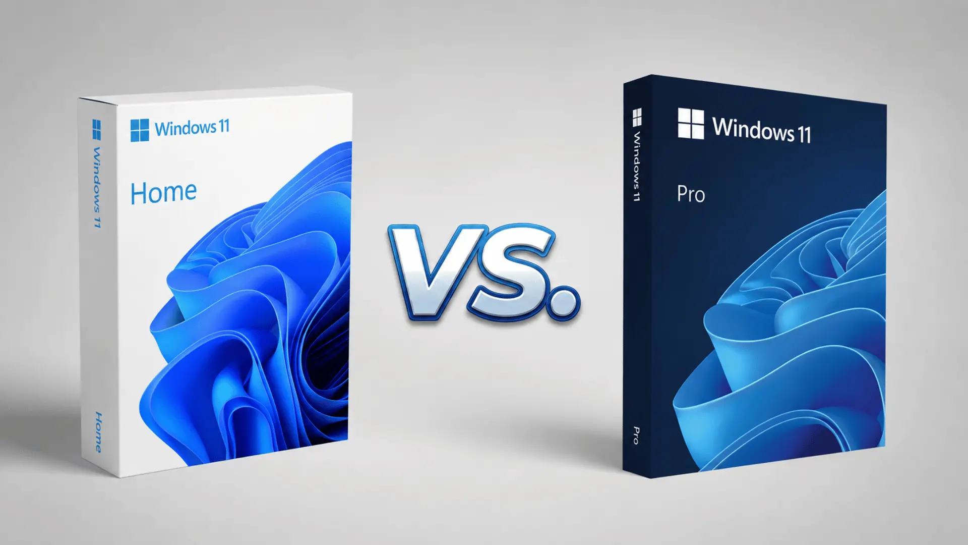 Windows 11 Home and Pro software boxes with VS between them on a light gray background