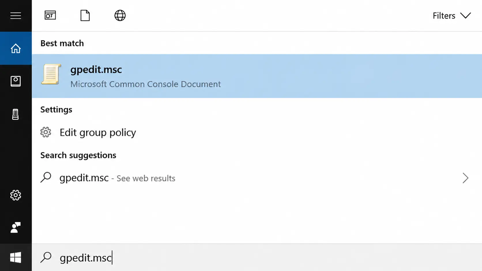 Windows search menu showing gpedit.msc selected to open Group Policy Editor