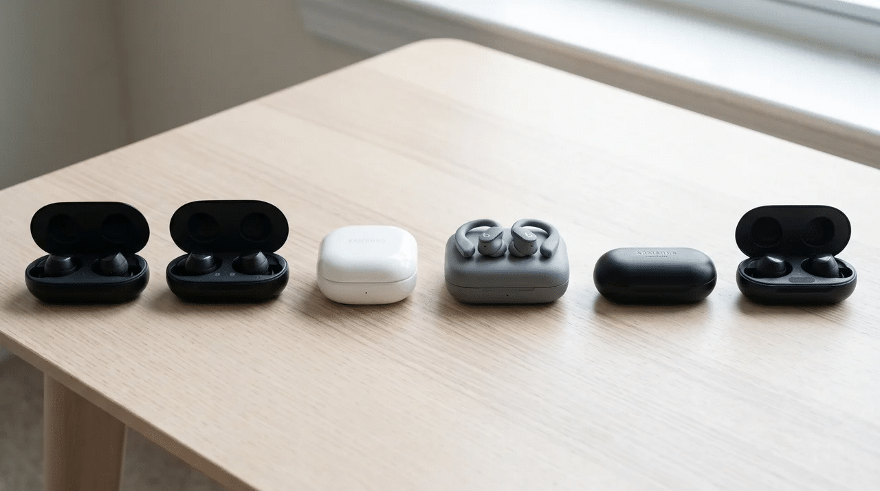 Six wireless earbud pairs with charging cases arranged on a tabletop, including one ear-hook sport pair.