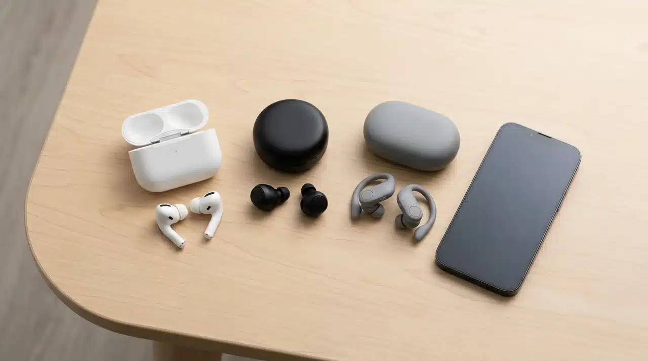Three styles of wireless translation earbuds with charging cases arranged beside a smartphone on a tabletop