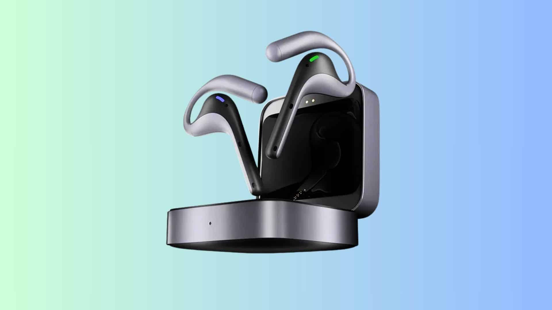 Wireless translation earbuds with ear hooks positioned above an open charging case on a blue-green background.