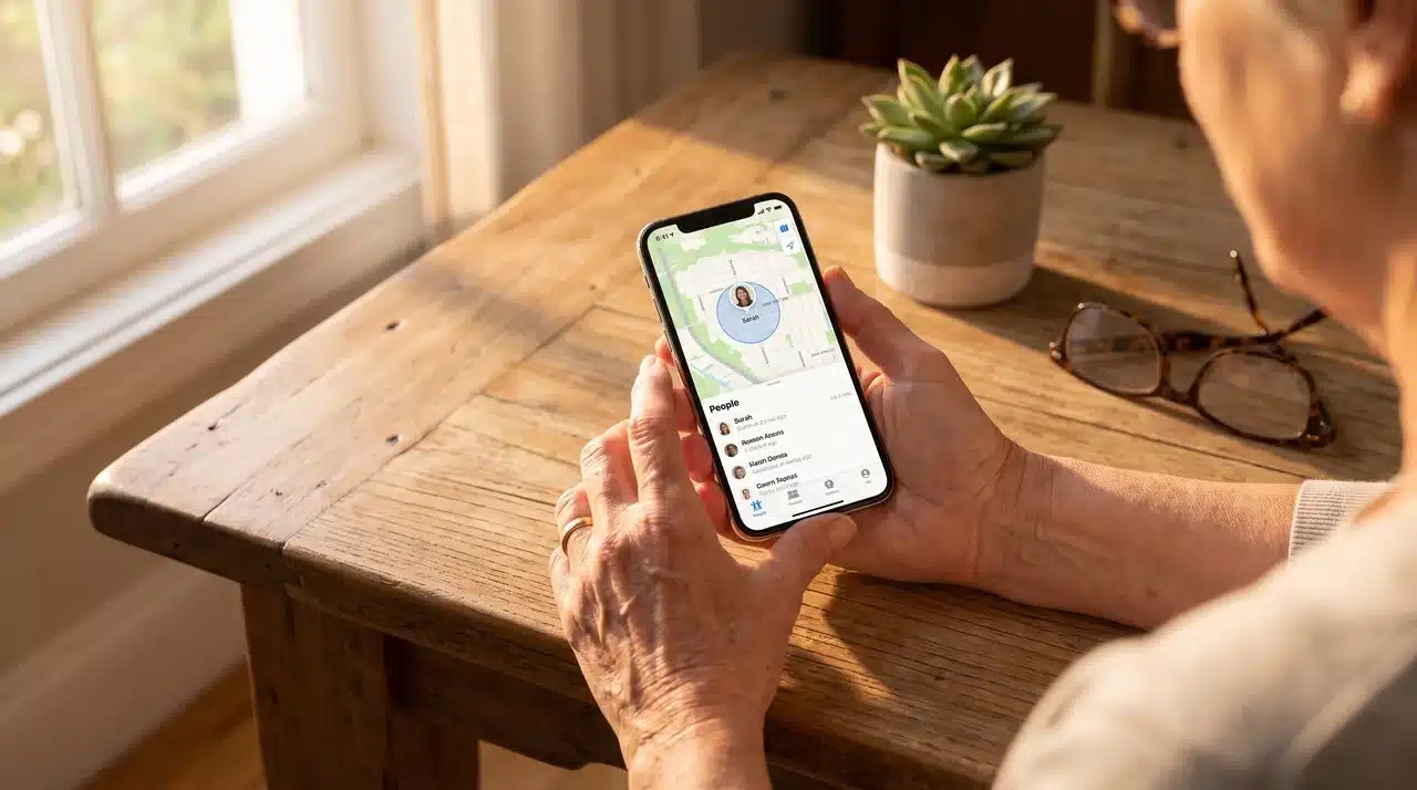 Woman using Find My app on iPhone to share location with family member.