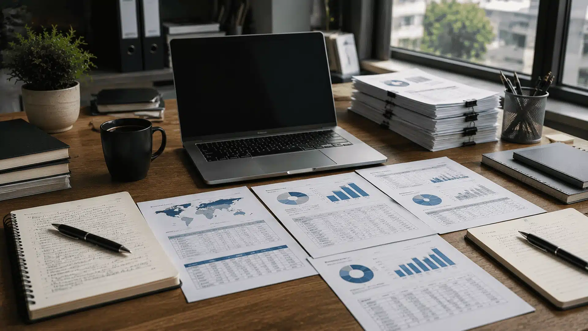 Workspace with competitor research materials and market analysis documents
