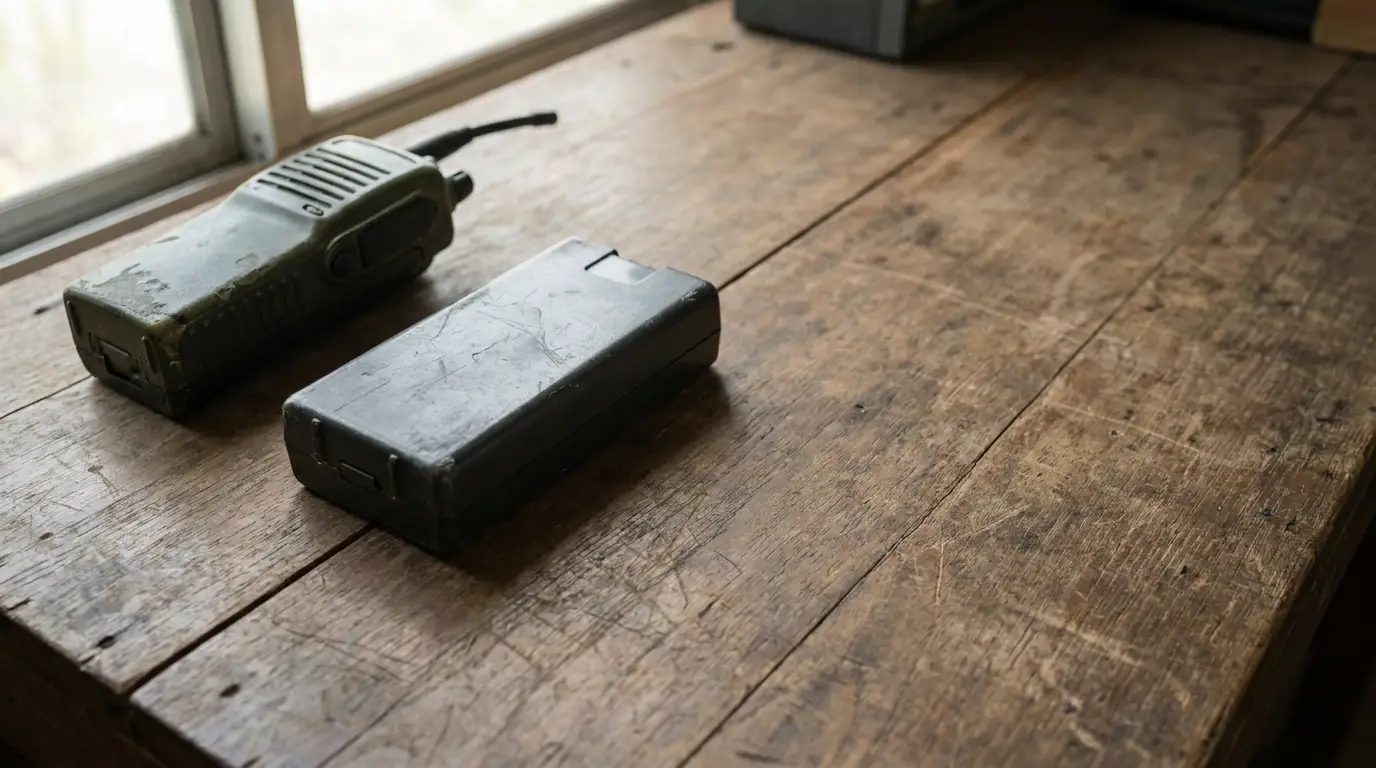 Two electronic devices on rustic wooden table near window in natural light