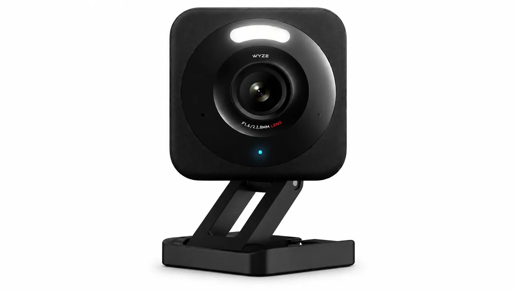 wyze security camera with black square body, lens, and adjustable stand