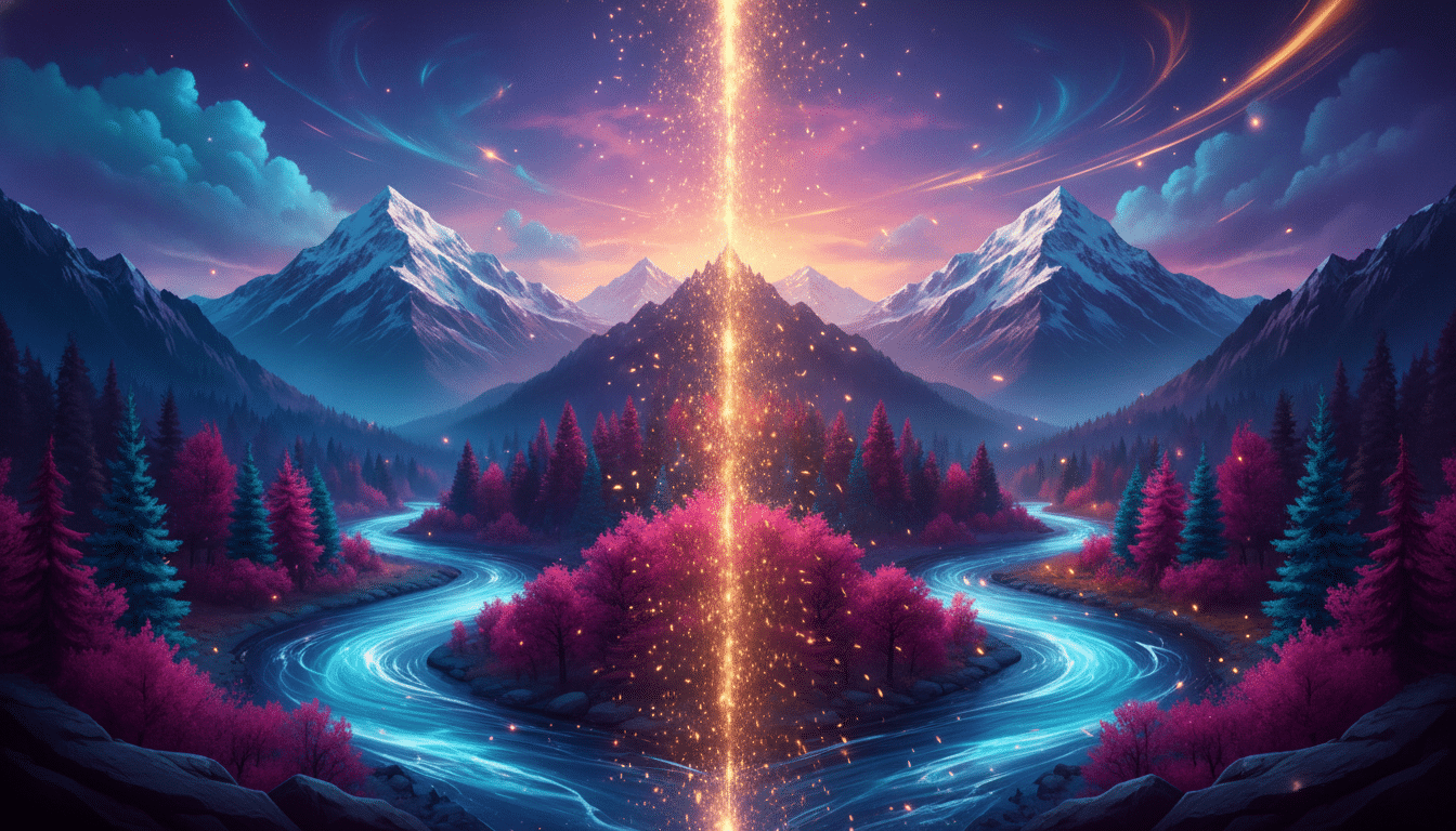 Vibrant mountain landscape with glowing stream and luminous sky in twilight tones