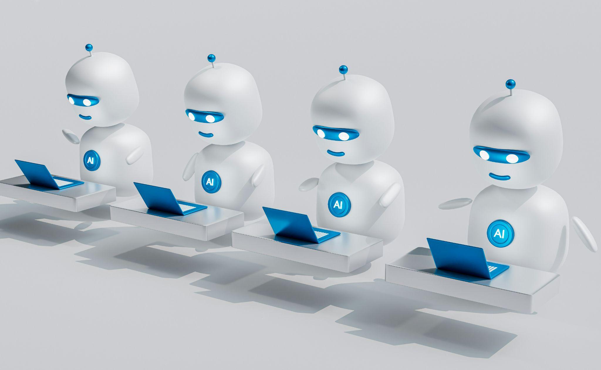 Four AI robots with blue screens working at desks in a minimalist setting
