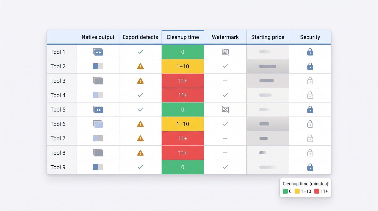 Table comparing various tools with columns for output, defects, cleanup time, watermark, price, security