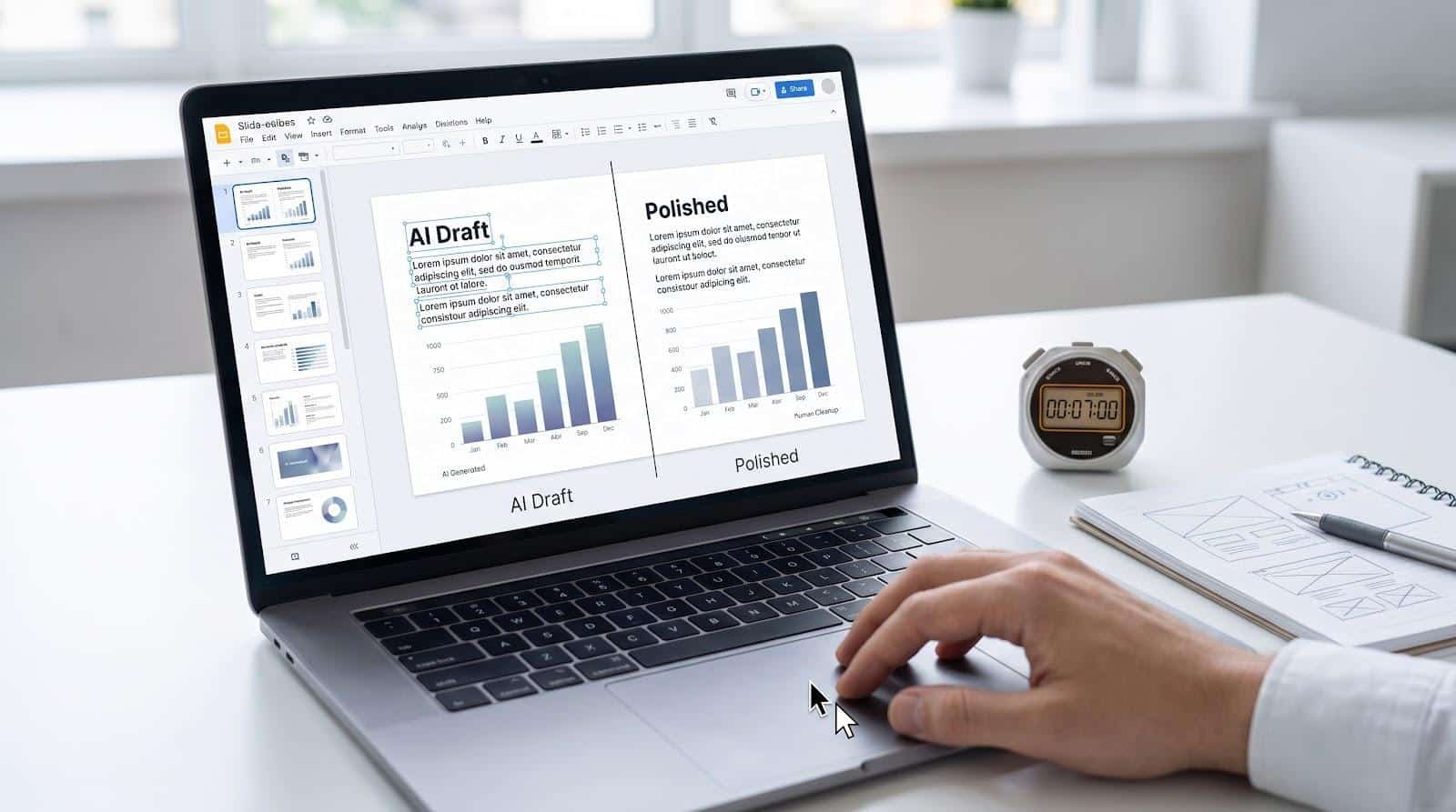 Laptop displaying presentation slides with charts in bright office setting, hand on keyboard, timer on desk